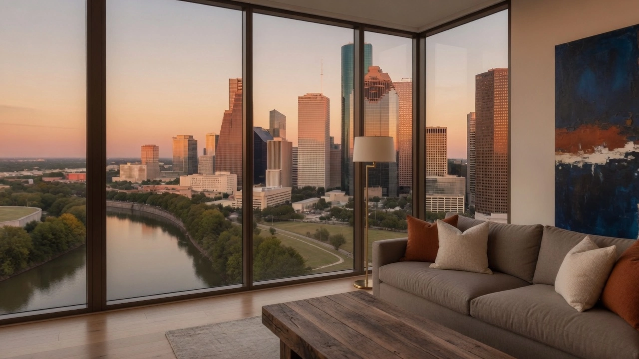 Living room at Riverline with floor-to-ceiling windows over Houston