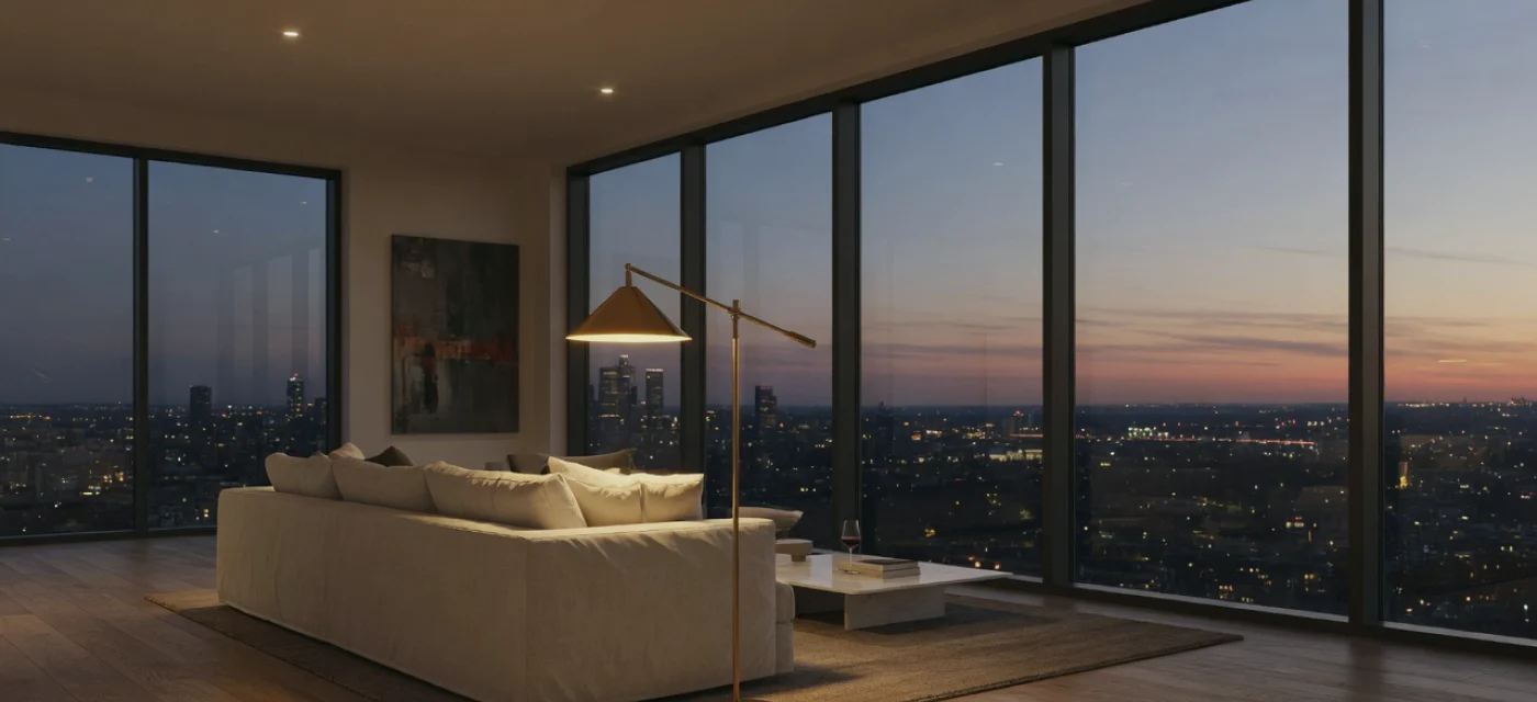 Living room at Riverline looking over Houston at twilight